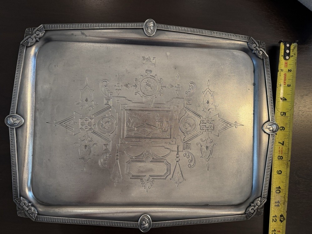 Victorian Silverplate Ornate Rectangular Tray with Engraved Design, 16"