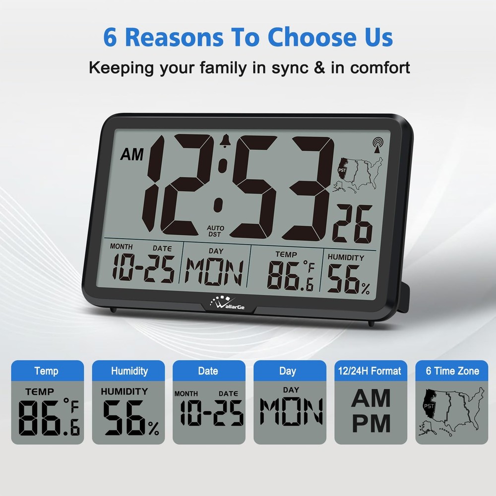 WallarGe Atomic Wall Clock with Backlight, Digital Large, Backlight-black