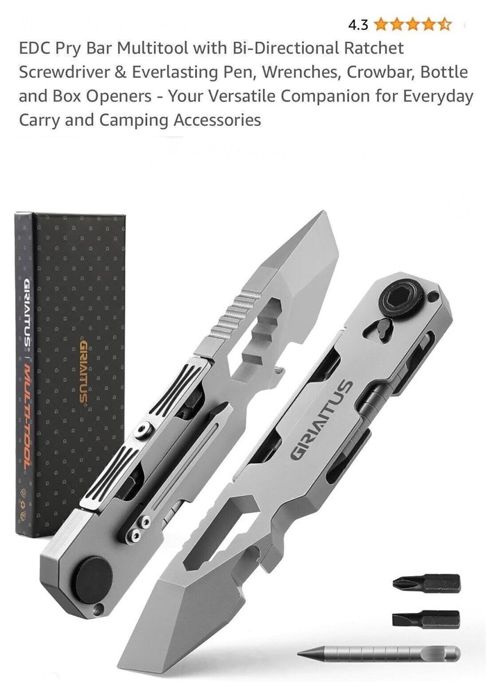 EDC Pry Bar Multitool with Bi-Directional Ratchet Screwdriver & Everlasting