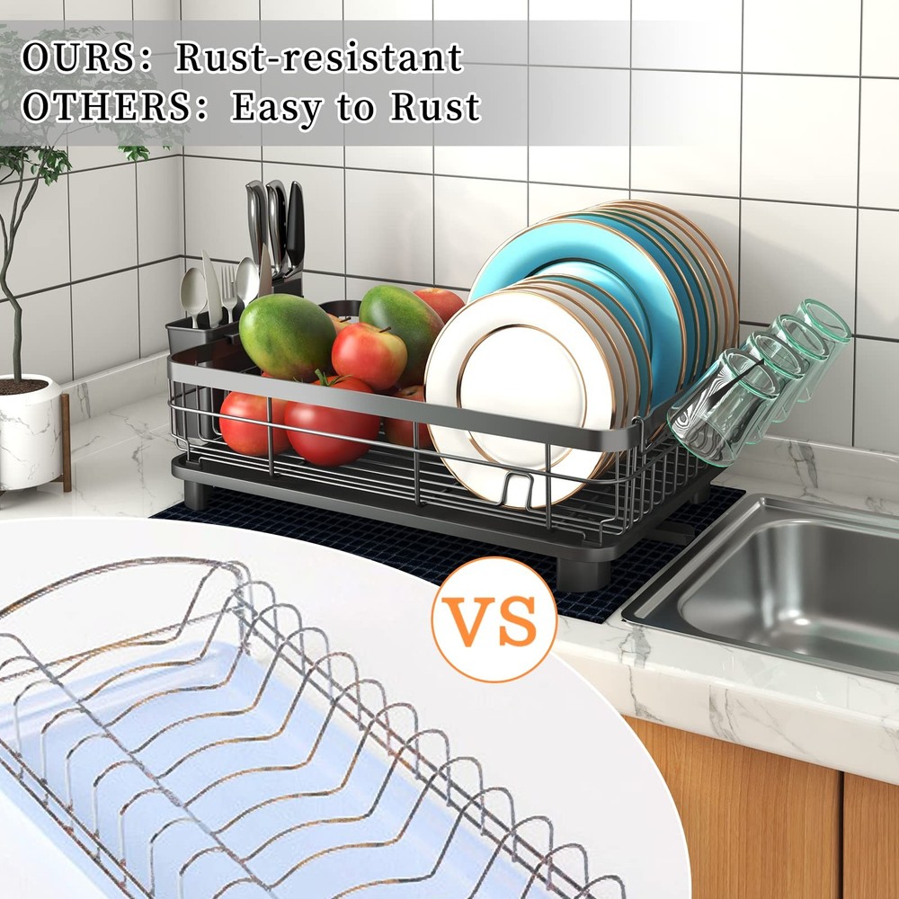 Dish Drying Rack, Dish Rack with Auto-Drain & Mat, Dish Drainers for Kitchen ...