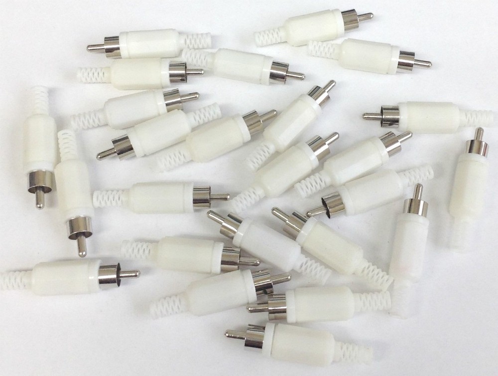 (15) Audio Cable WHITE RCA Phono Solder Plug Connector Plastic Handle Adapter