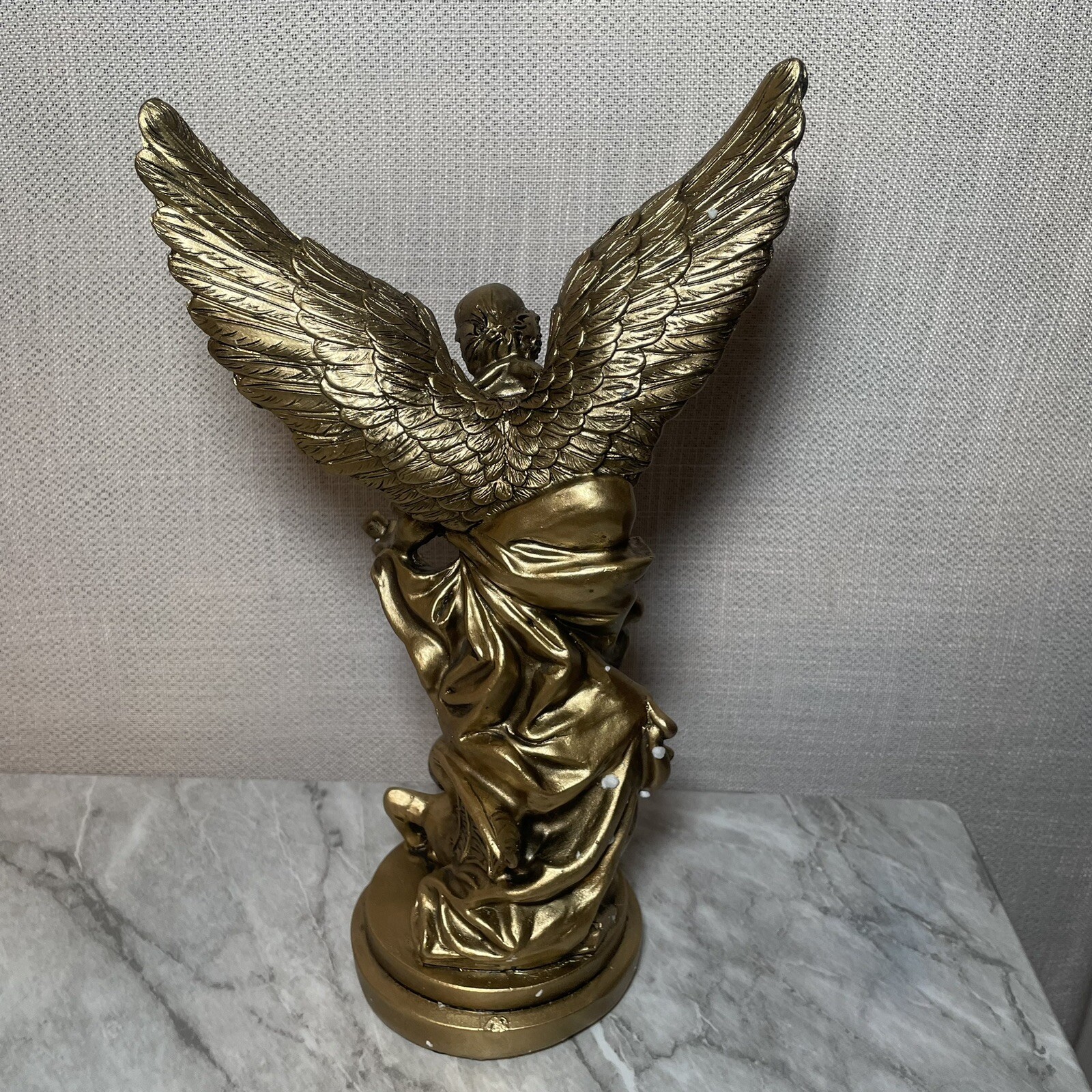 Angel Statue ARCHANGEL MICHAEL gold tone STOMPING DEMON standing SWORD book NEW