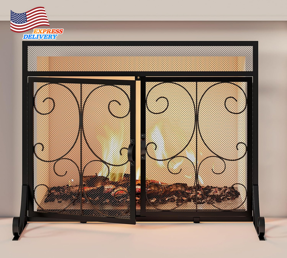 Flat Fireplace Screen with Doors Wrought Iron Frame with Metal Mesh