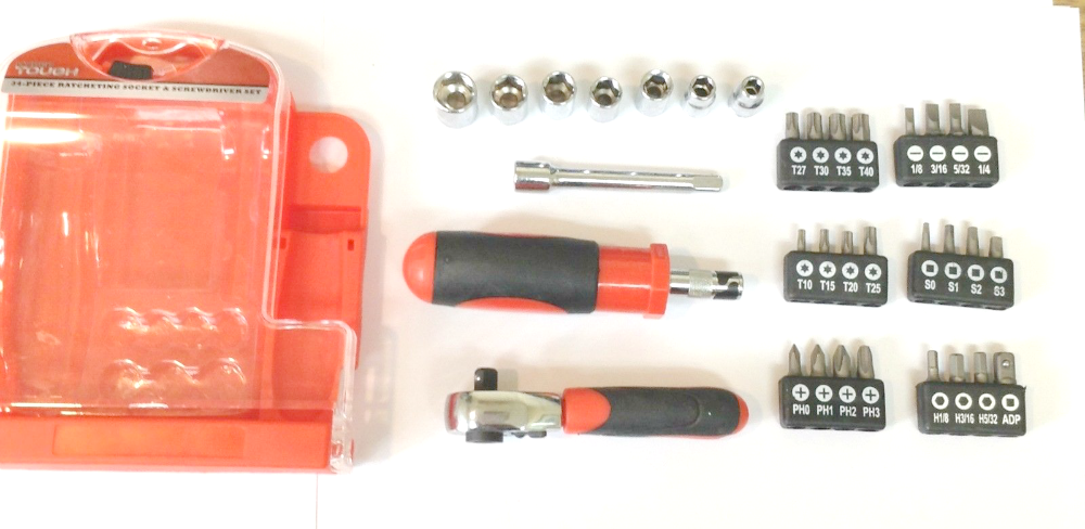 Handy 34pc Ratcheting Tool Set with Stubby Ratchet Handle Socket Bits and Driver