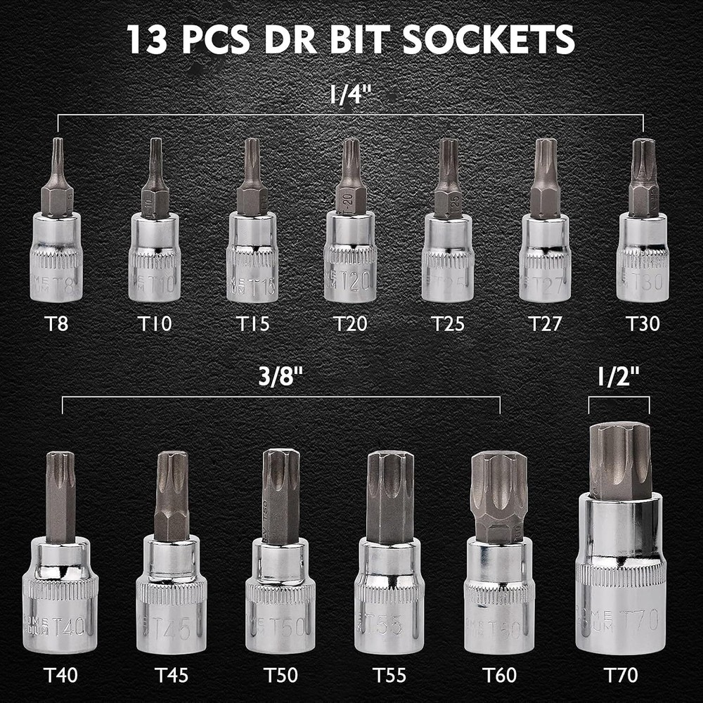 13PCS Drive Torx Bit Socket Set 1/4" 3/8" 1/2" T8-T70 Star Bit Socket Set Tool