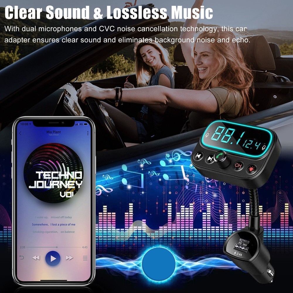Bluetooth 5.0 Car Wireless FM Transmitter Adapter 3USB PD Charger AUX Hands-Free
