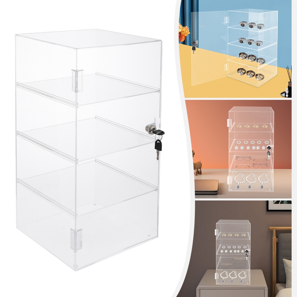 4 Tiers Clear Rectangular Display Case Desktop Lockable Acrylic Organizer w/Keys