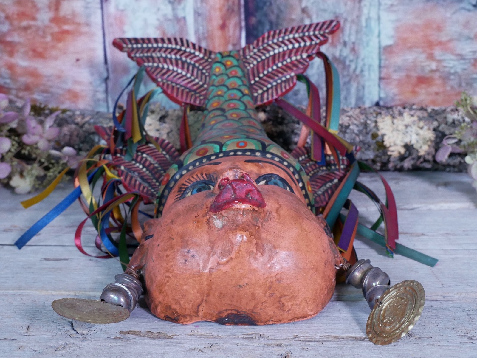 Merman Face & Fish Tail Mask Wood Hand Carved Painted Guerrero Mexican Folk Art