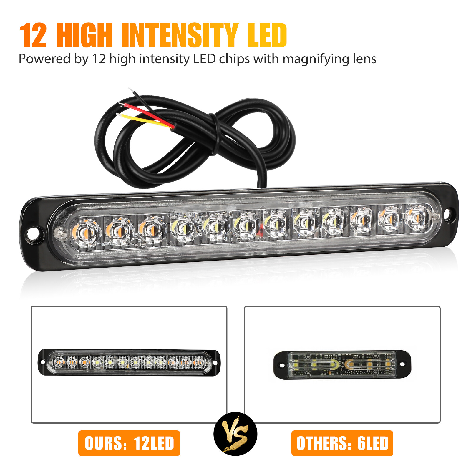 4PCS Amber/White 12 LED Car Truck Strobe Light Bar Flashing Warning Hazard Lamps