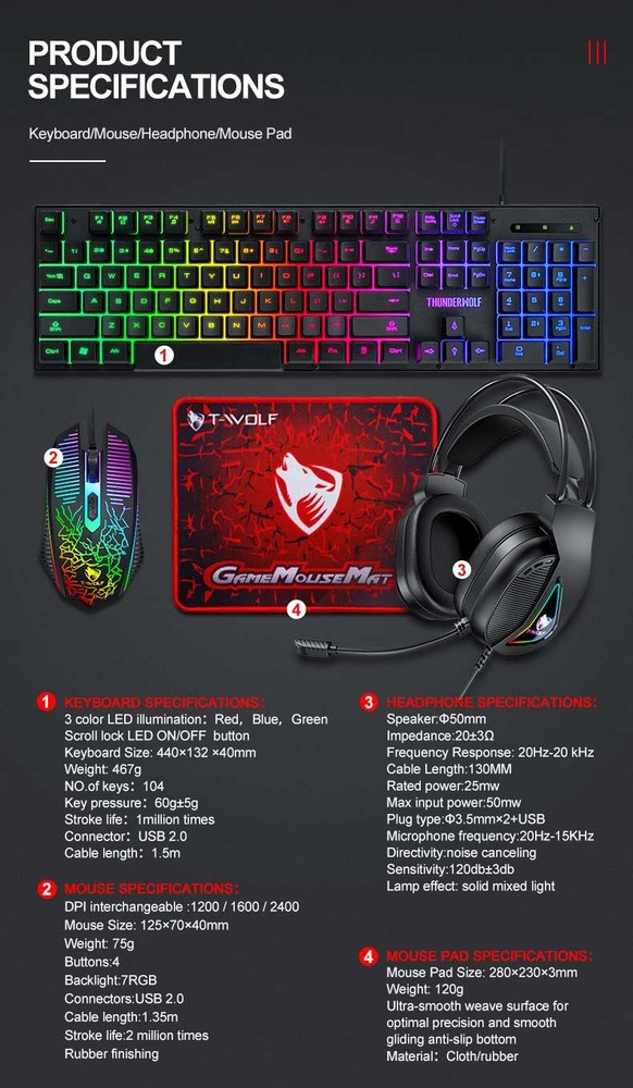 Rainbow LED Gaming Keyboard & Backlit Mouse & Headset Combo for Laptop PC Work