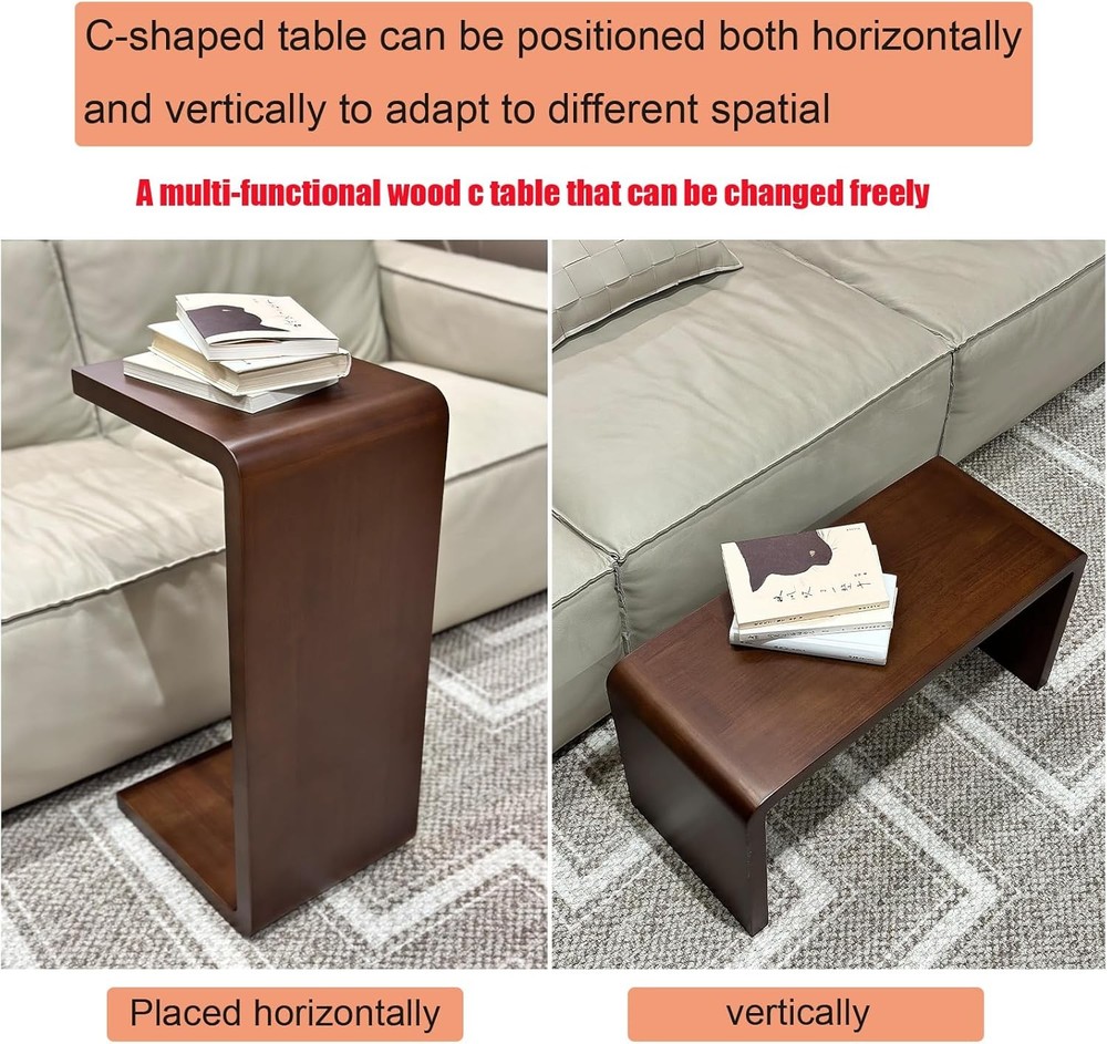 C Shaped End Table Solid Wood Sofa Side Table Couch Bed & Living Room