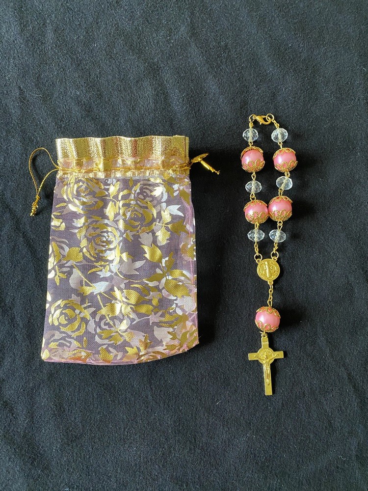 Rosary Pink Beads Cross Car Accessory Prayer Bag Charm