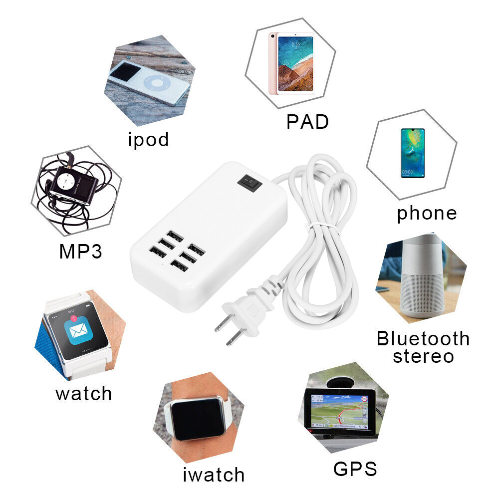 6 Port USB Hub Fast Wall Charger Station Multi-Function Desktop AC Power Adapter