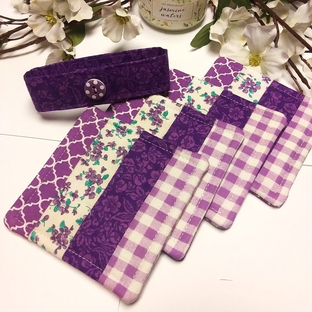 PURPLE PASSION 5pc Handmade Reversible Patchwork Coasters w/Holder & Button