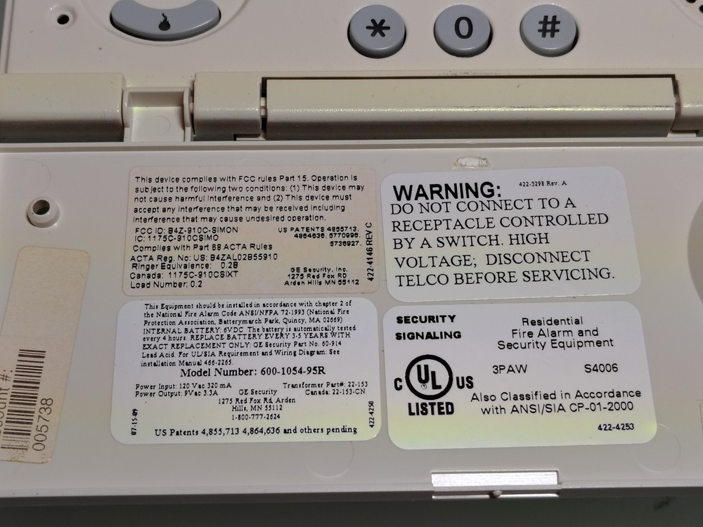 GE Simon XT 600-1054-95R Wireless Home Security System ONLY