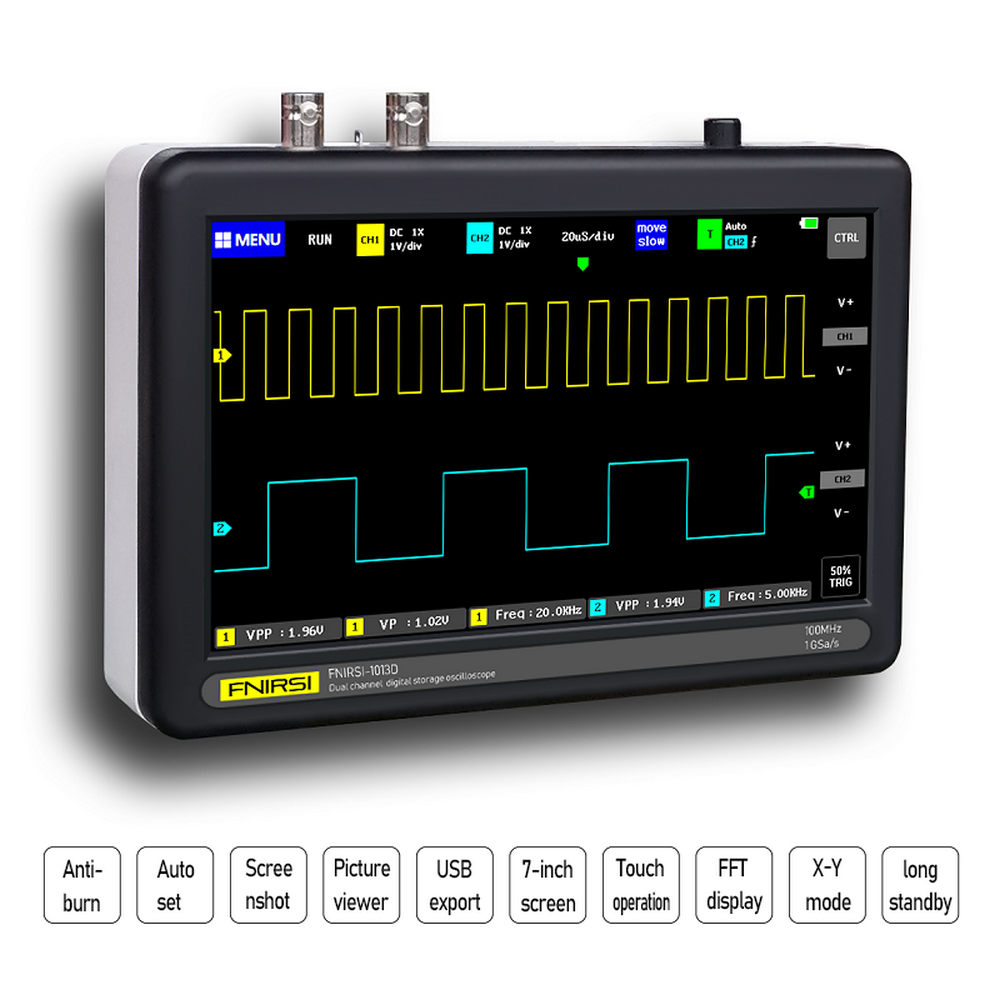 Mini 7”Touch Panel Digital Tablet Oscilloscope 2CH 100MHz Bandwidth FNIRSI 1013D