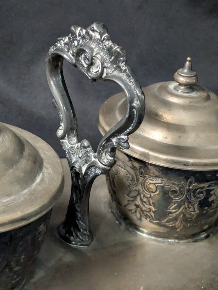 Vintage Silver Plated Floral Condiment Jam Caddy w Spoons Crown Stars Mark