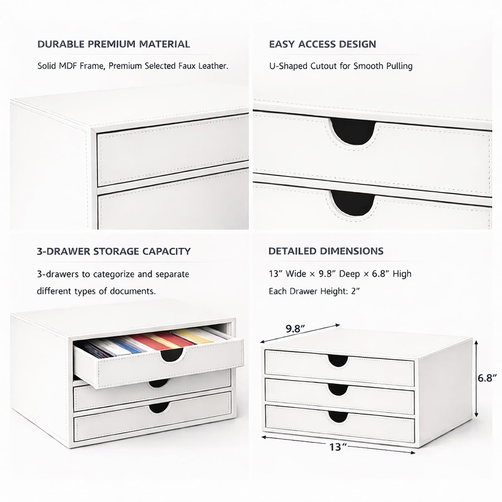 White Document Organizer 3Drawer File Cabinet Desktop Storage Box For Office