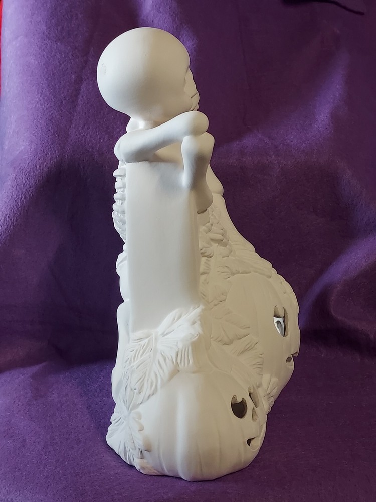 Ceramic Bisque ~ Ready to paint~ Skeleton, gravestone and Pumpkins & light kit