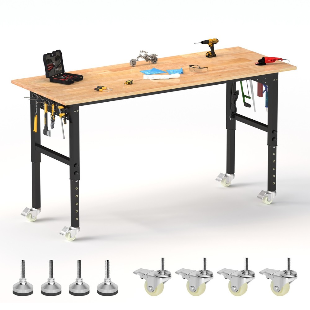 70'' Adjustable Workbench with Socket, Wheels ,Fixed Legs and Hanging Board