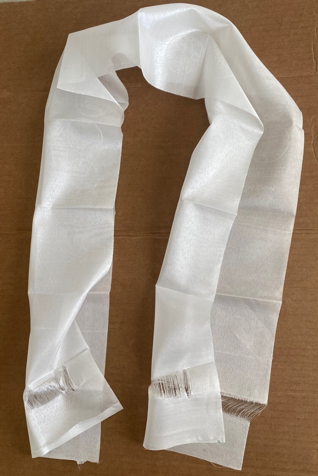 Tibetan Silk Offering Scarf (or Khata) WHITE w/ Auspicious Symbols for Dharma