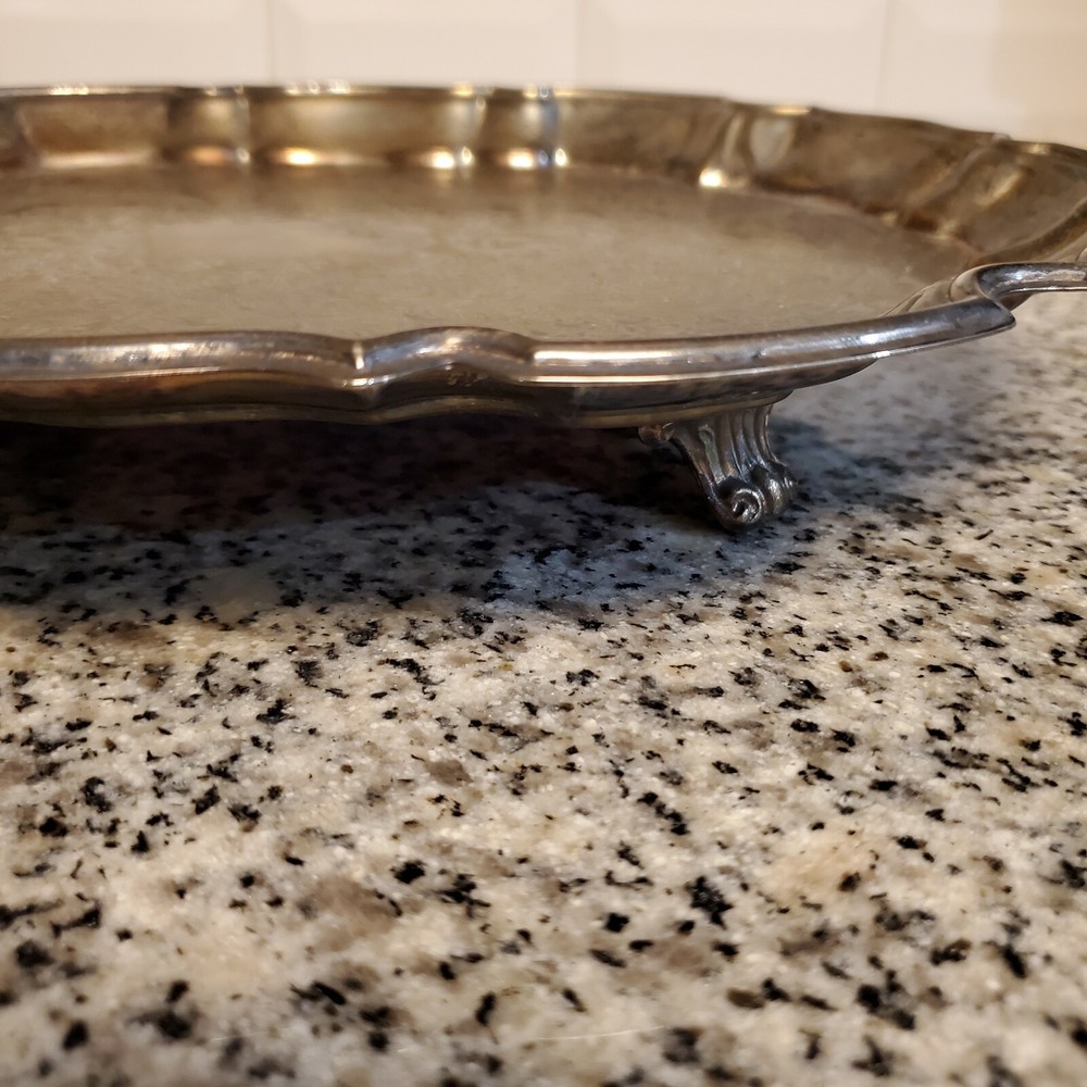 Vintage Ornate Silverplate Serving Tea Tray Footed Scalloped Oval 14" Silver