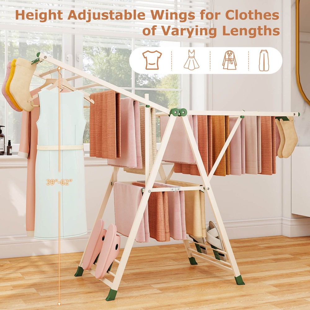 Foldable Metal Laundry Drying Rack w/Height Adjustable Wings, 18 Drying Rails