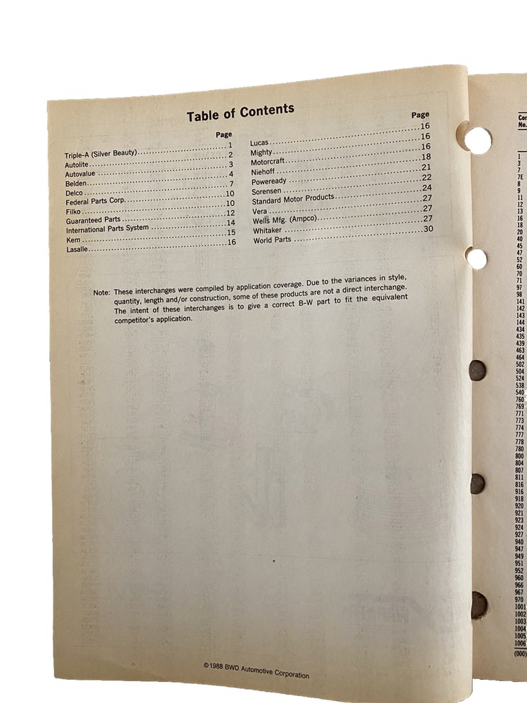 Borg Warner 1989 Wire & Cable Interchange Automotive Catalog