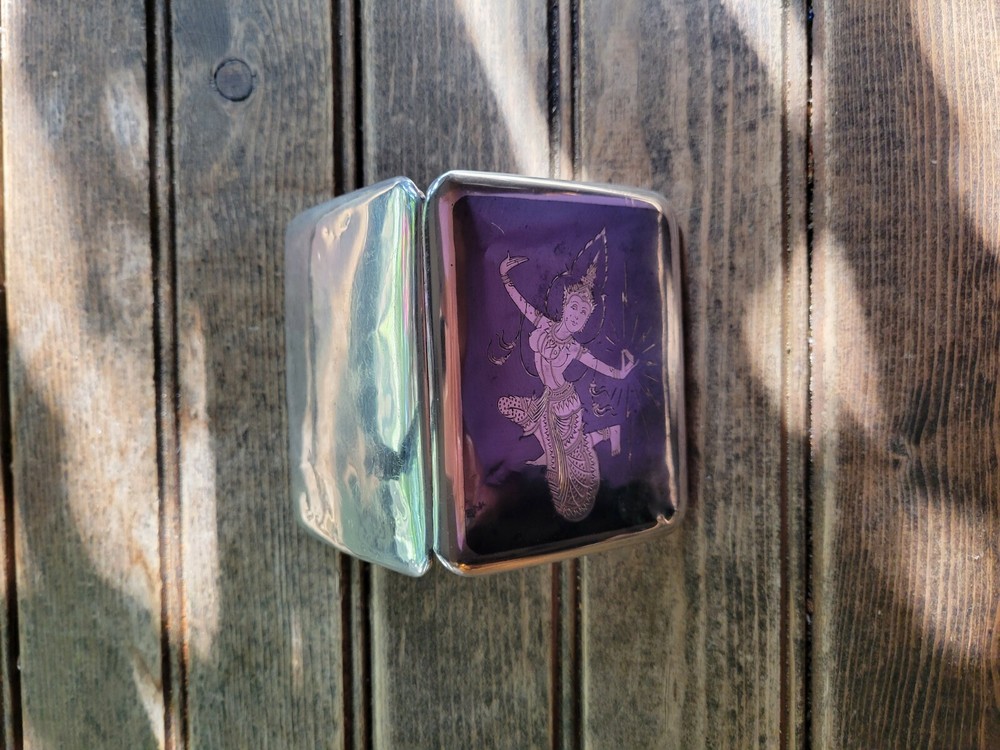 VTG Siam Thailand Solid Sterling Silver & Niello Dancer Etch Cigarette Case