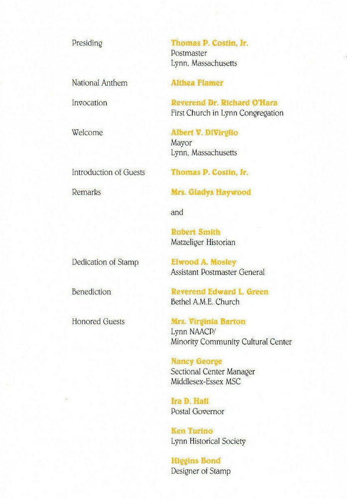 USPS FDC Ceremony Program #2567Jan E. Matzeliger Black Heritage Inventor