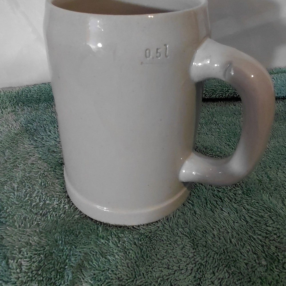 White Ceramic Beer Stein with Blue Crest