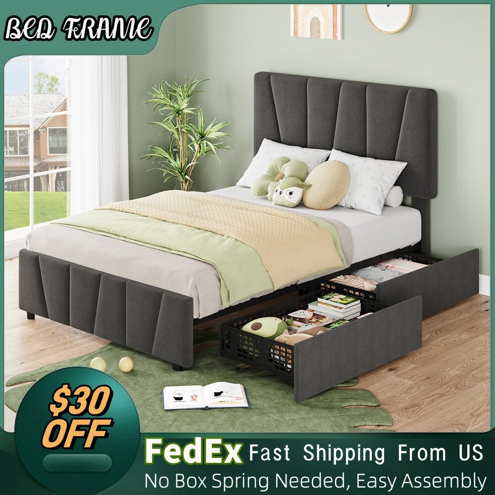 Twin Size Bed Frame with 2 Storage Drawers Linen Upholstered Platform Headboard