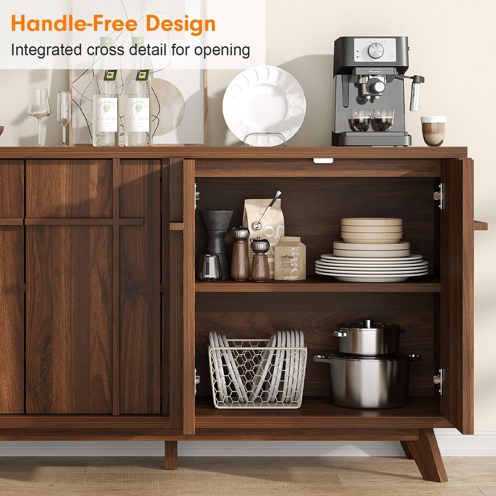 Modern Walnut Sideboard Buffet Cabinet with Adjustable Shelves & Storage