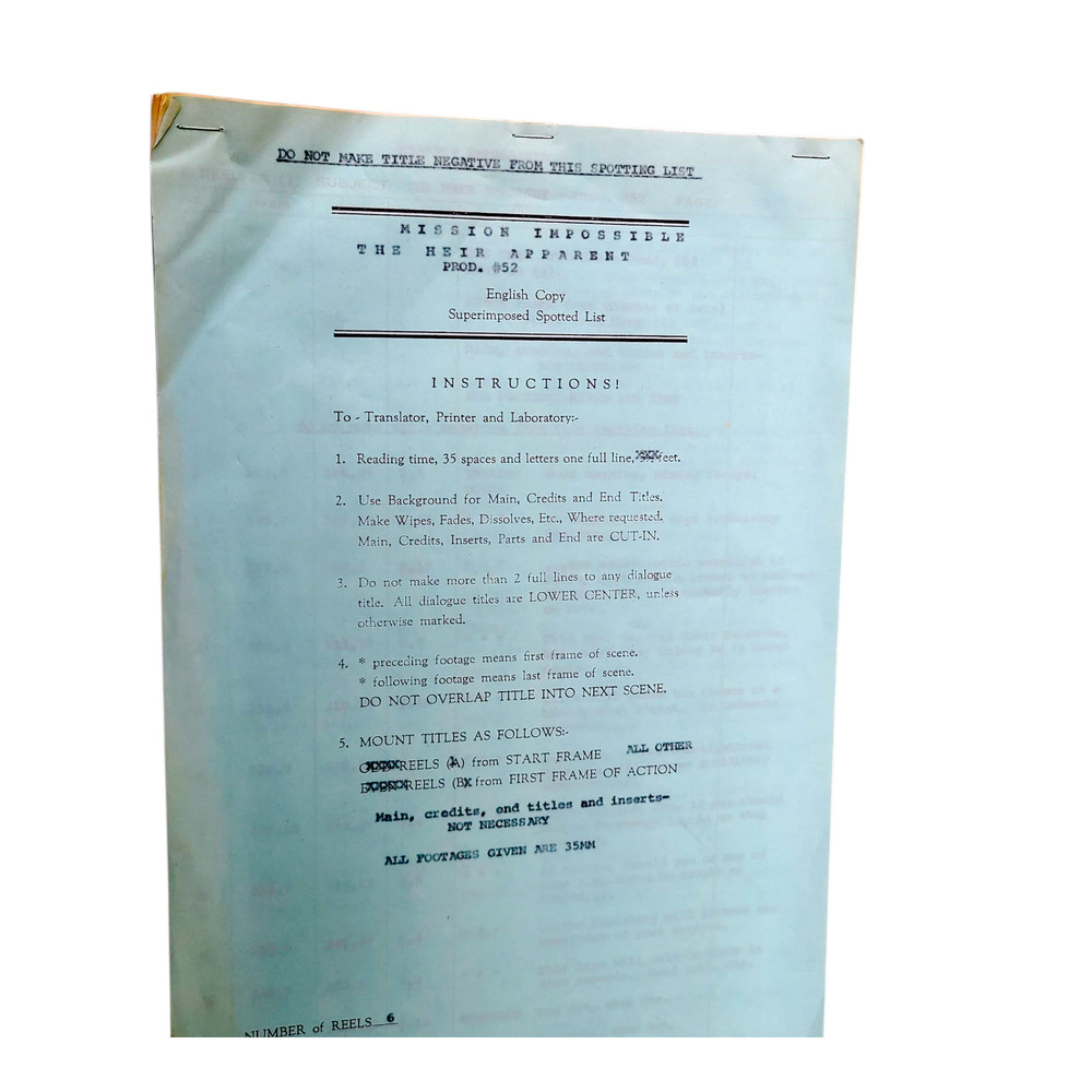 MISSION IMPOSSIBLE 1969 TV Show Dialogue Continuity Script +Spotting Script Vtg