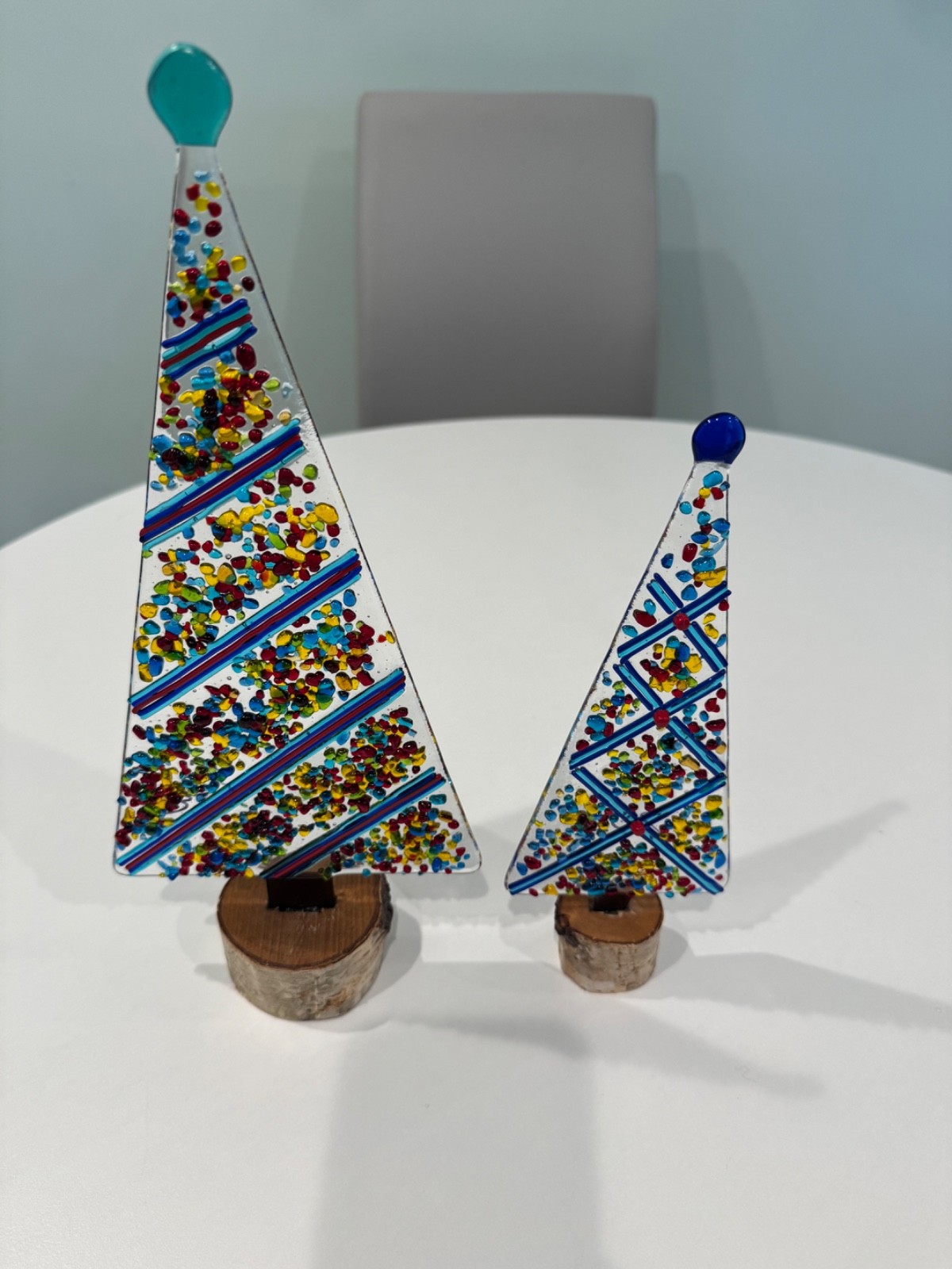 2 Handcrafted Fused Glass Christmas Ornaments, Colorful Trees