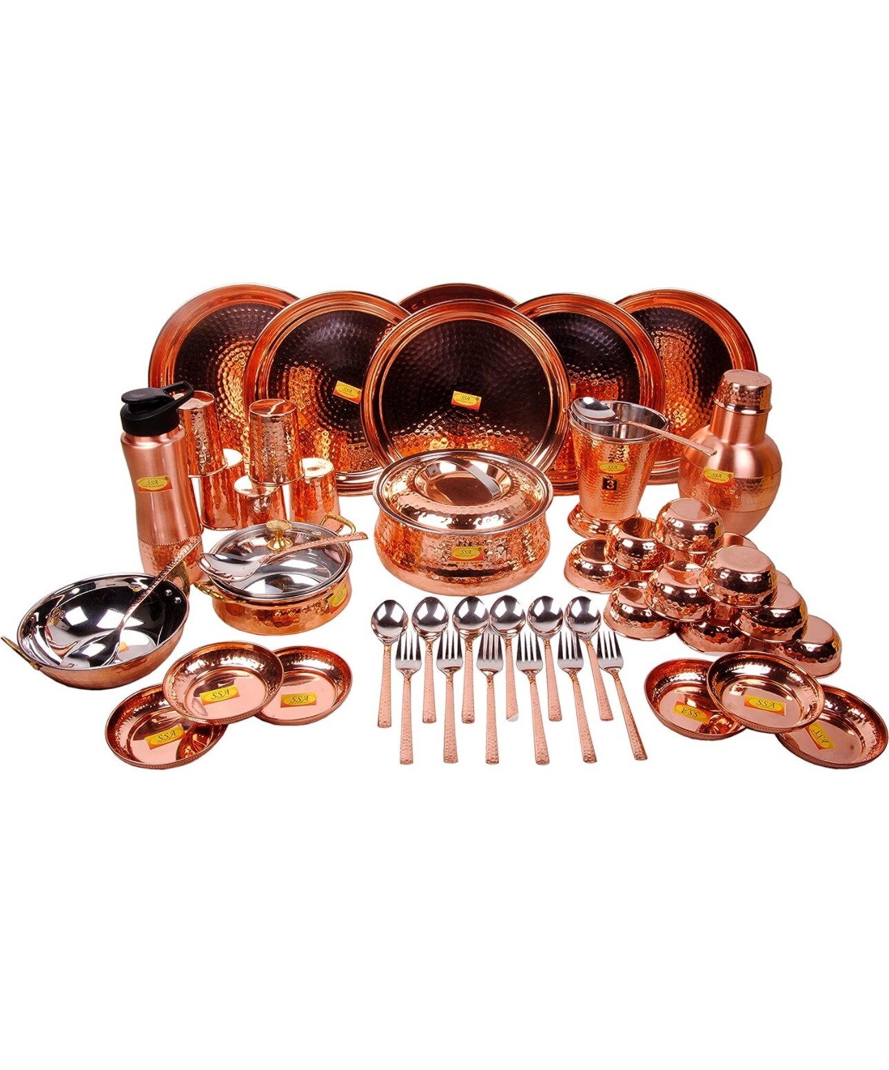 Pure Copper Solid Dinner Set- 51 Pieces- Designer- (Hammered, Brown)