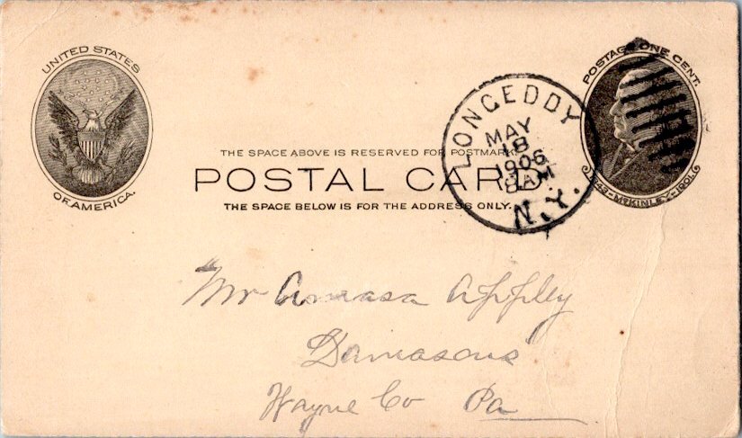 New York Long Eddy 1906 duplex  Postal Card.