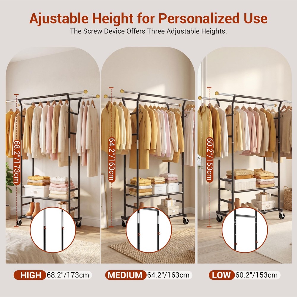 Clothes Rack with 3-Level Height Adjustment - Double Rod Extendable Hanging R...