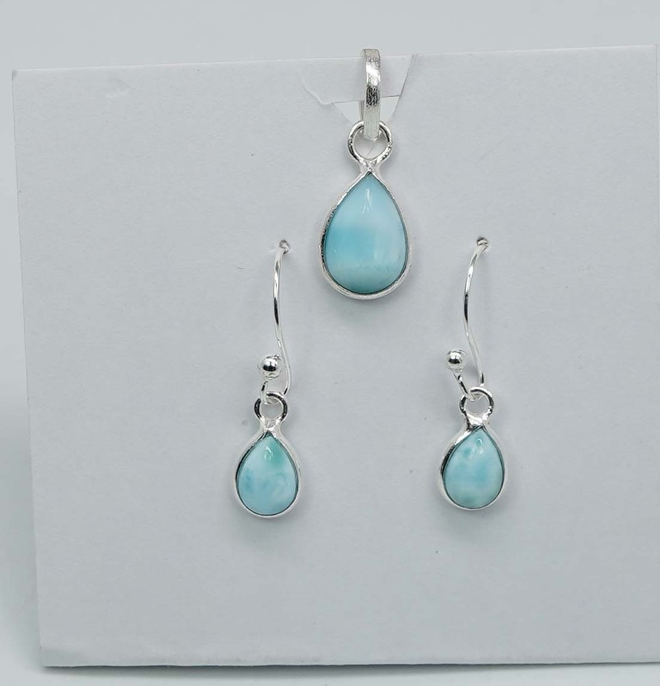 925 Solid Sterling Silver Blue Larimar Hook Earring Pendant Set