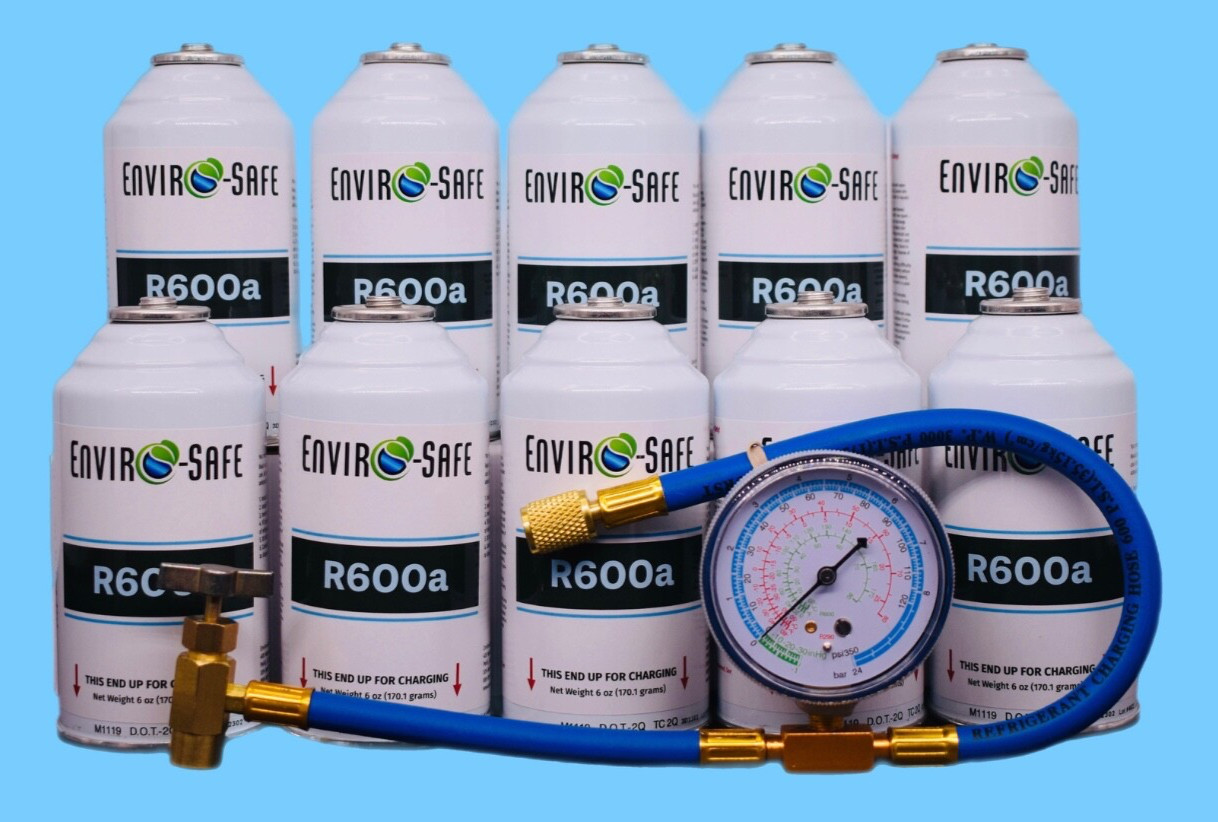 Enviro-Safe R600a Refrigerant | Inverted Piercing | 6 oz | 10 Cans + Brass Gauge