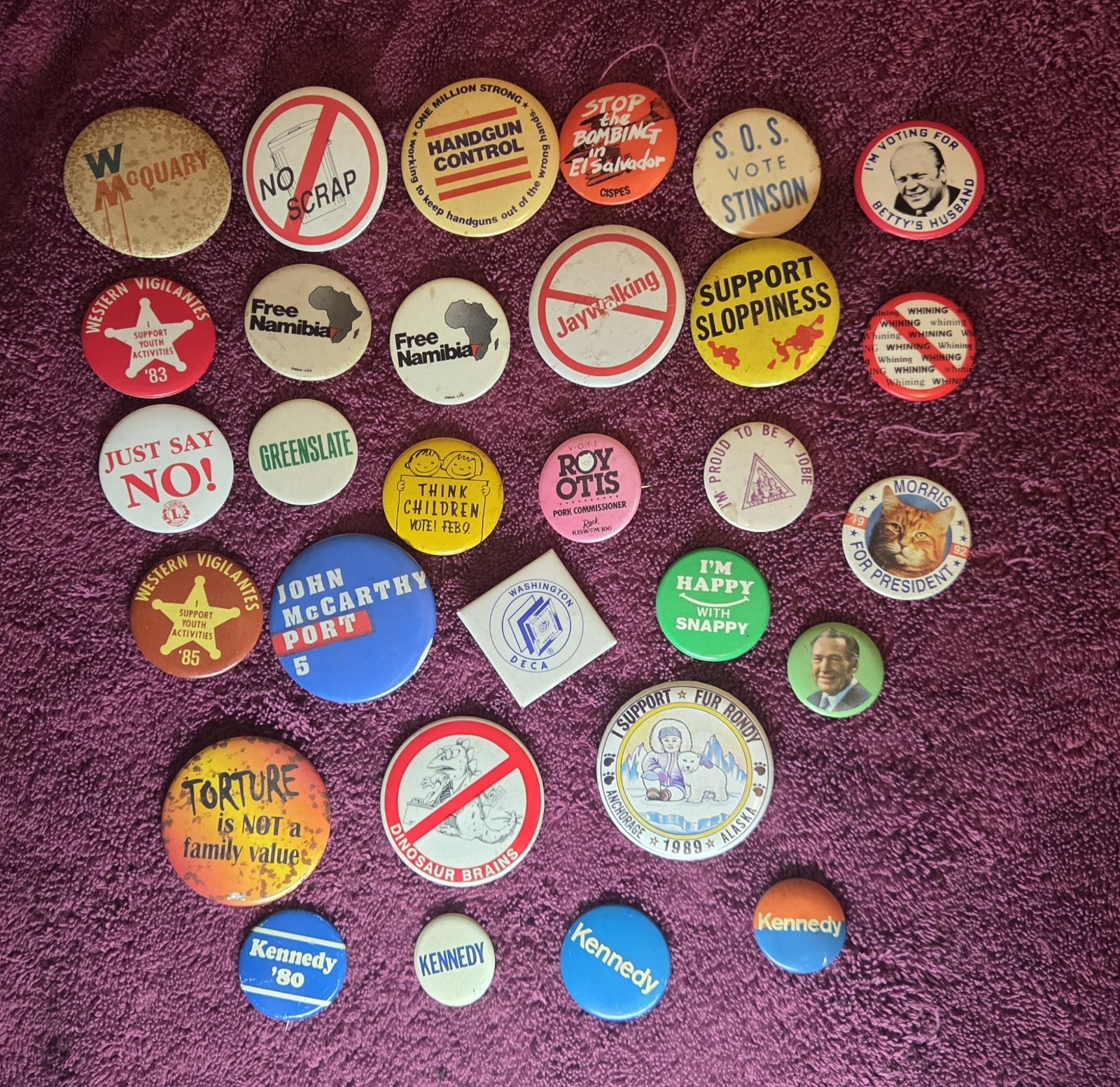 Vintage 29-Pin Button Lot: Political, 1980s Campaigns, Anti-War, Local, Niche