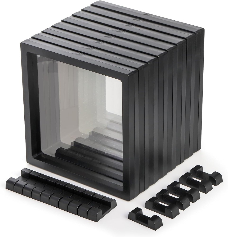 8 Pack Large 3D Floating Display Case, 6" Black Rock Display Frames with Stan...
