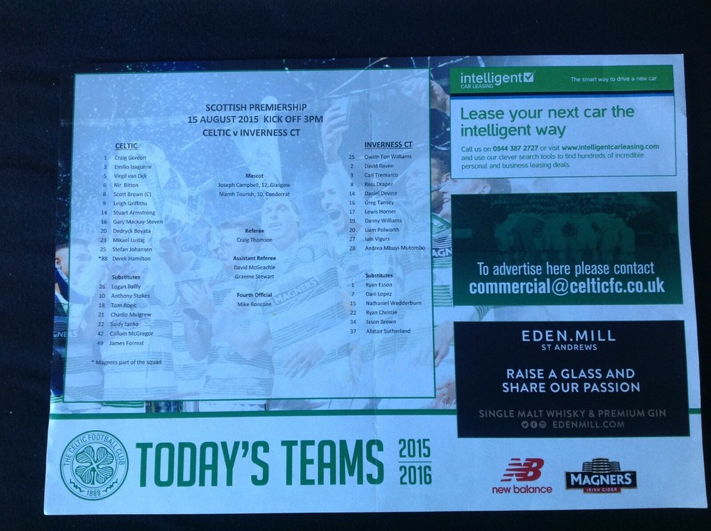 2015/16 Celtic v Inverness CT August teamsheet