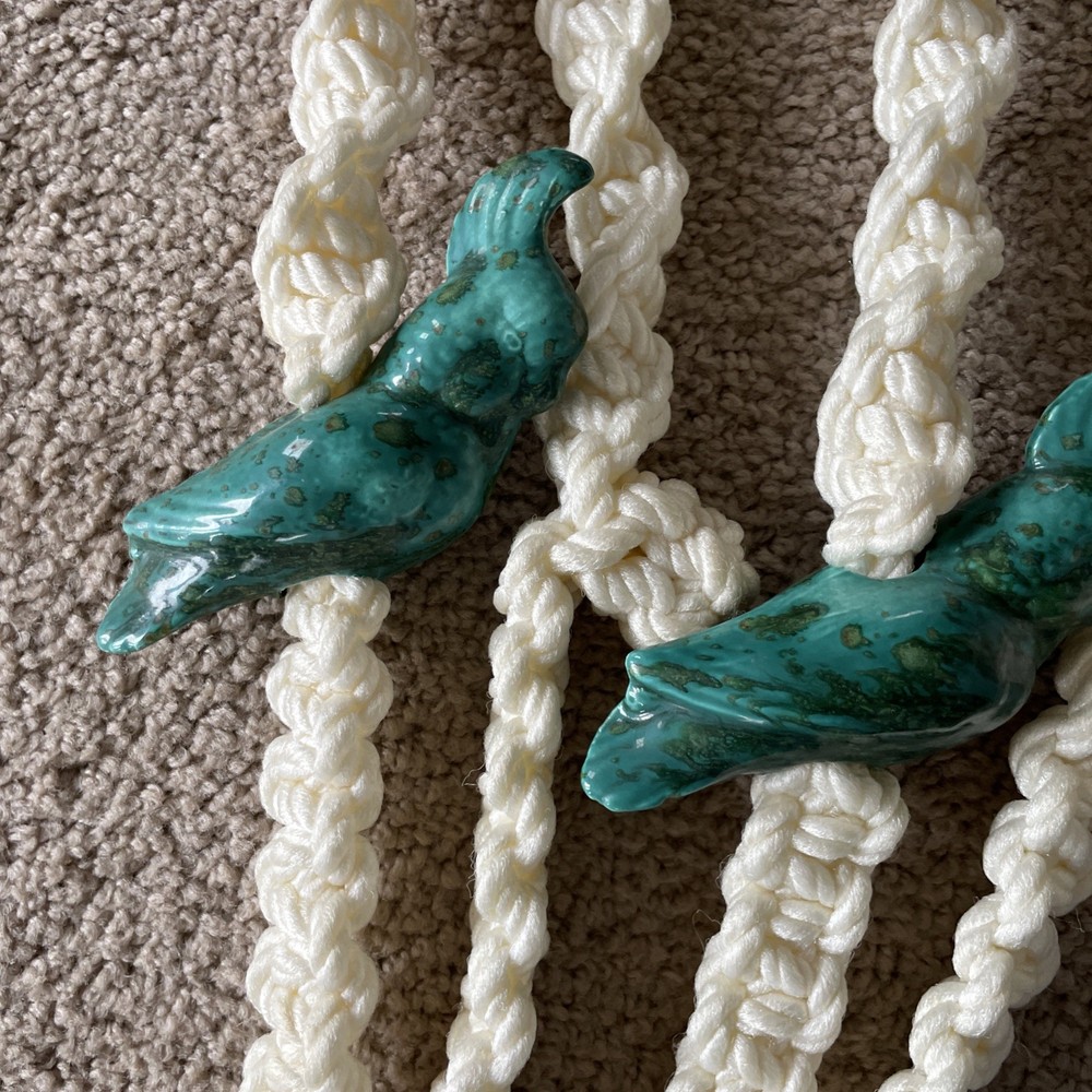 Vtg Macrame Boho Plant Hanger With Ceramic Birds. 4 Ft .