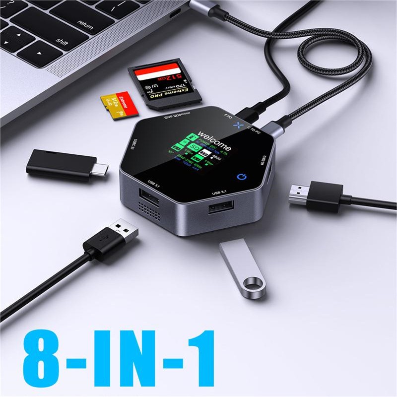 TYPE-C Docking Station, 8-In-1 Multi-Port Hub PD Charging USB Extender Adapter