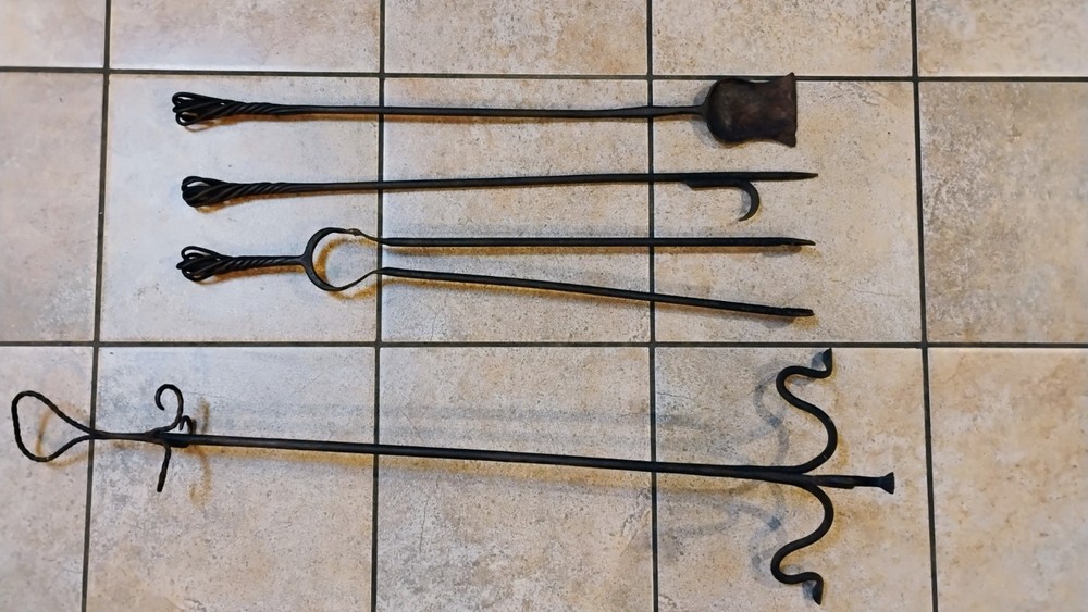 Antique Primitive Wrought Iron Fireplace Tool Set