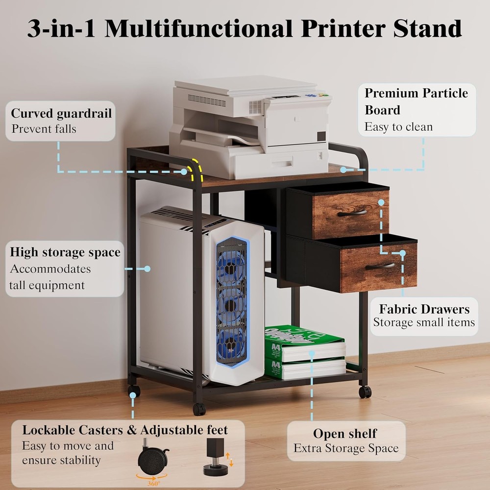 Large Printer Stand W/ 2 Fabric Drawers Mobile Printer Table W/ Wheels &
