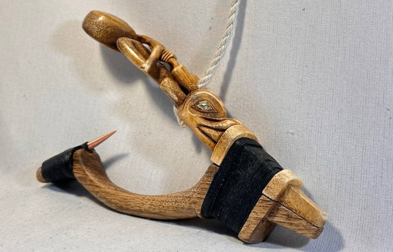 Shaman and Wolf Totem Halibut Hook, Shell Inlay, Northwest Coast Design