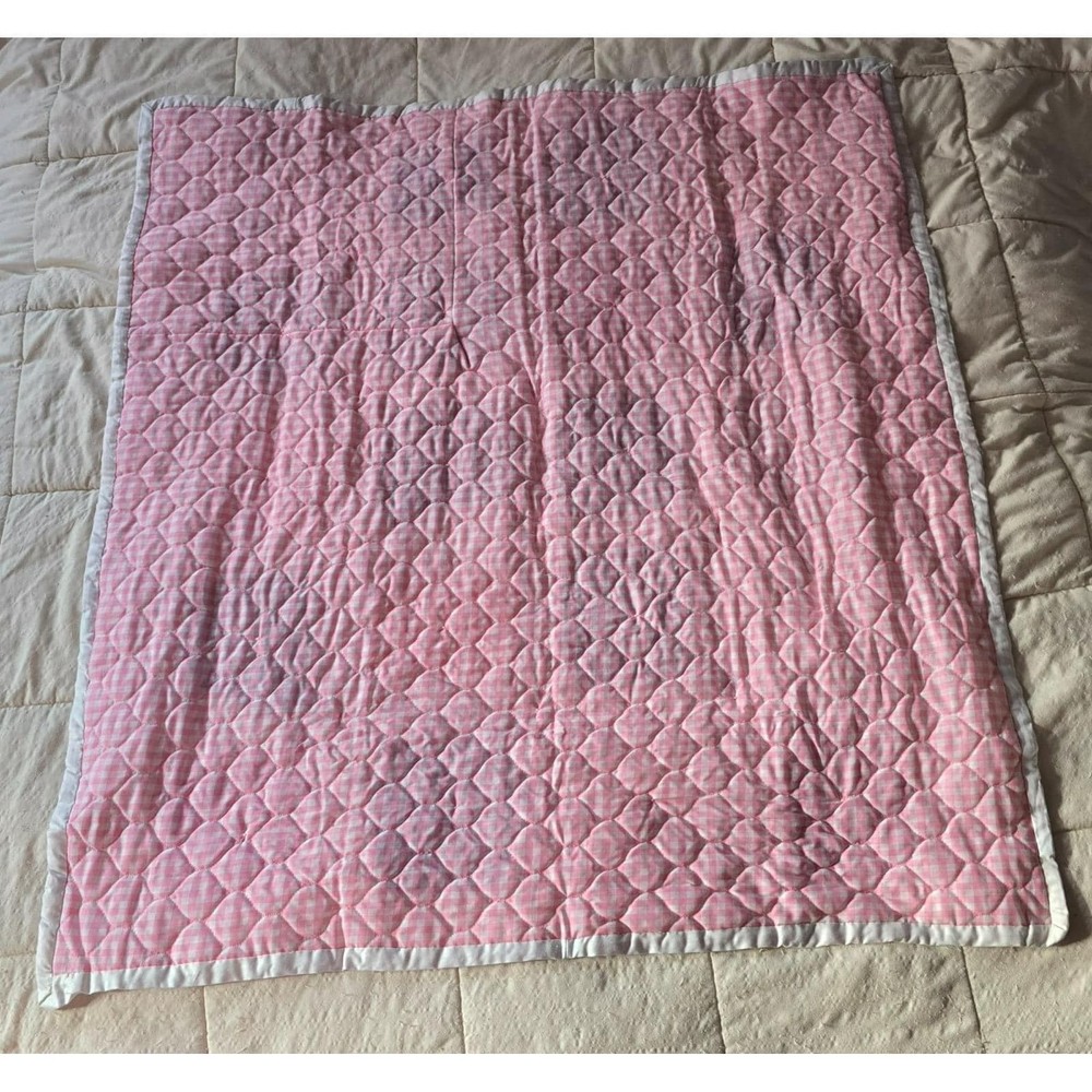 Handmade Child Tie Quilt 43"x39" Patchwork Square Blanket Pink Gingham Back