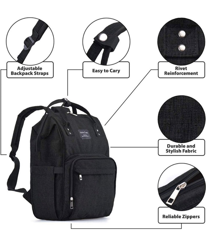 KiddyCare Diaper Bag Backpack + Adjustable Shoulder Straps - Black